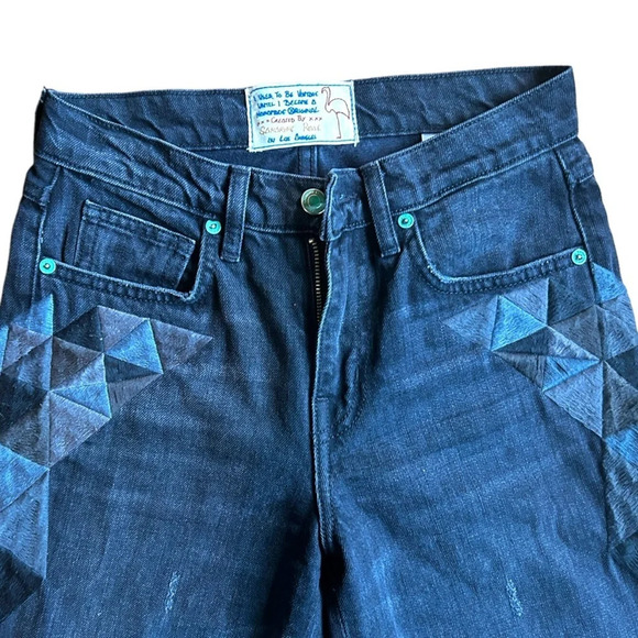 Sandrine Rose Los Angeles black wide leg embroidered jeans size 24 Fray Hem - Picture 2 of 16